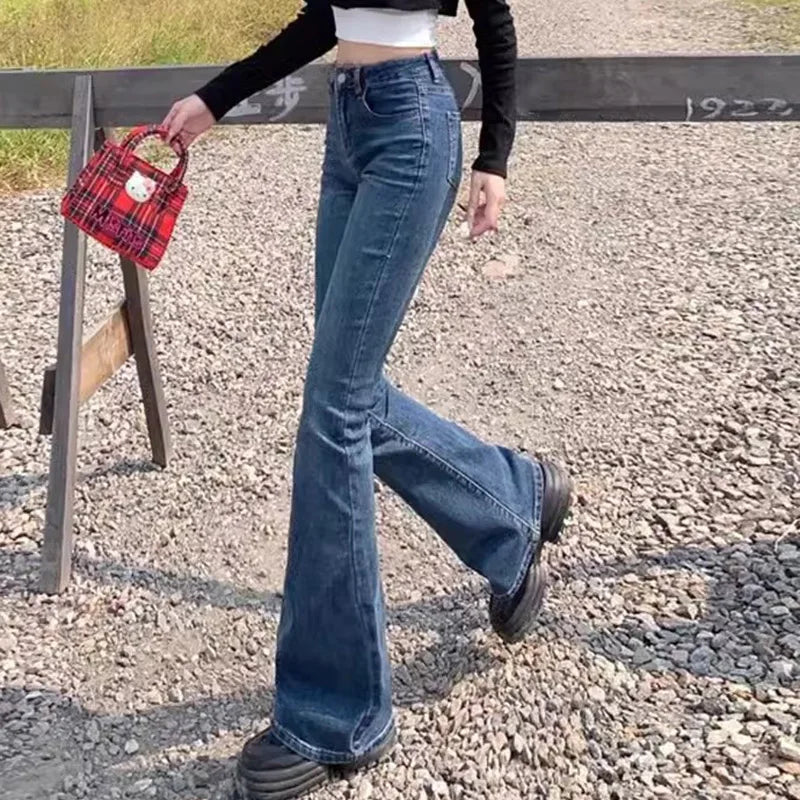 Women Vintage High Street Bell Bottom Jeans Lady Sexy Slim Fit Denim Flare Pants Deep Blue Light Blue Black Blue Gray Trousers