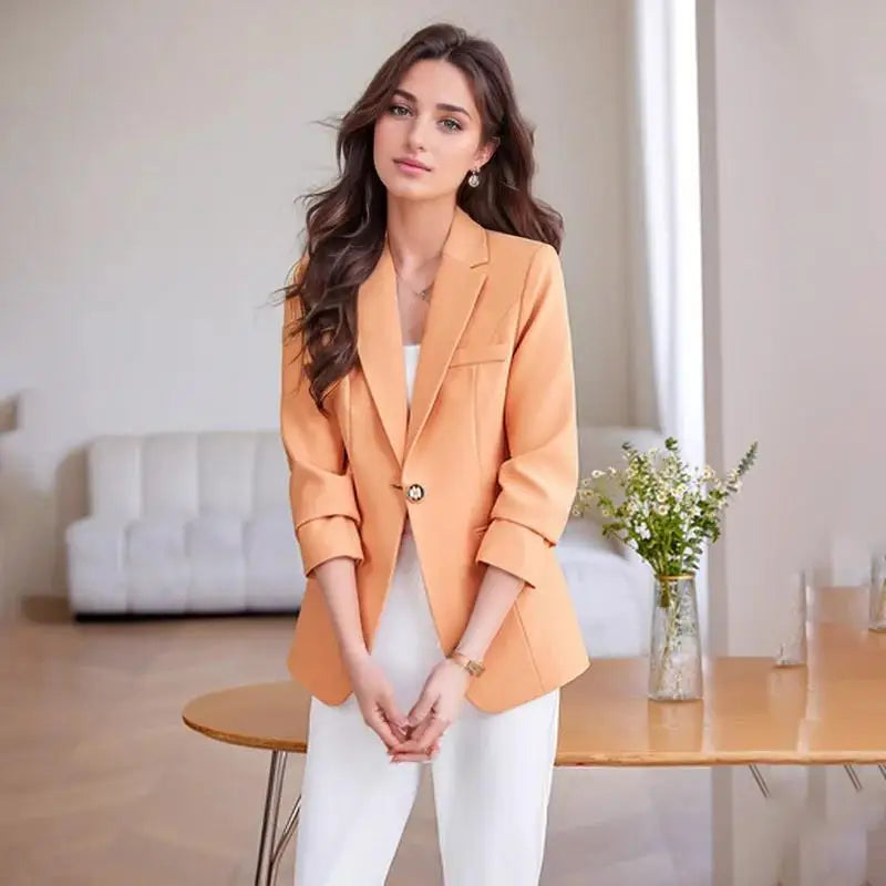 Elegant Solid Women's Blazer Long Sleeve Turn down Collar Slim Fit Office Jacket Single Button Spring Autumn Fashion