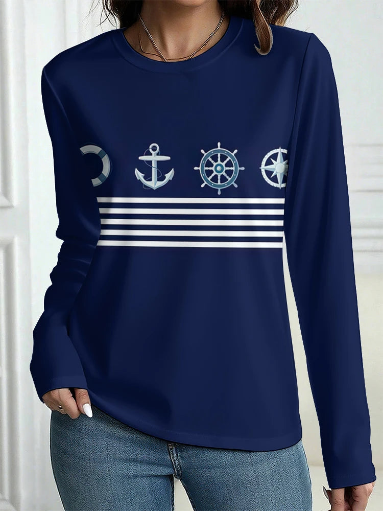 Women's T-Shirt Outdoor Casual Long Sleeve Pattern Print Street Crew Neck Fall Female Oversized Clothing Fashion T Shirts