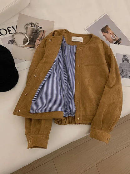 Suede Short Jacket Women Korean Camel Fashion Long Sleeve Flight Suit Harajuku Single Breasted Loose Tops Female Vintage Coats