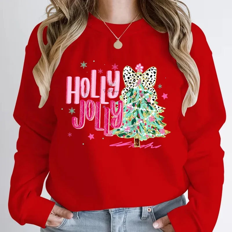 Casual Vintage Christmas Tree Graphic Women Sweatshirts Long Sleeve Crew Neck Y2K Sudaderas Funny Holiday Xmas Hoodless Pullover