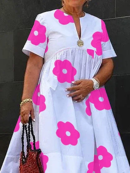 UOOZEE 2025 Summer Elegant Floral Printed Pleated A-line Dress For Women V-Neck Short Sleeves Loose British Style Midi Dresses