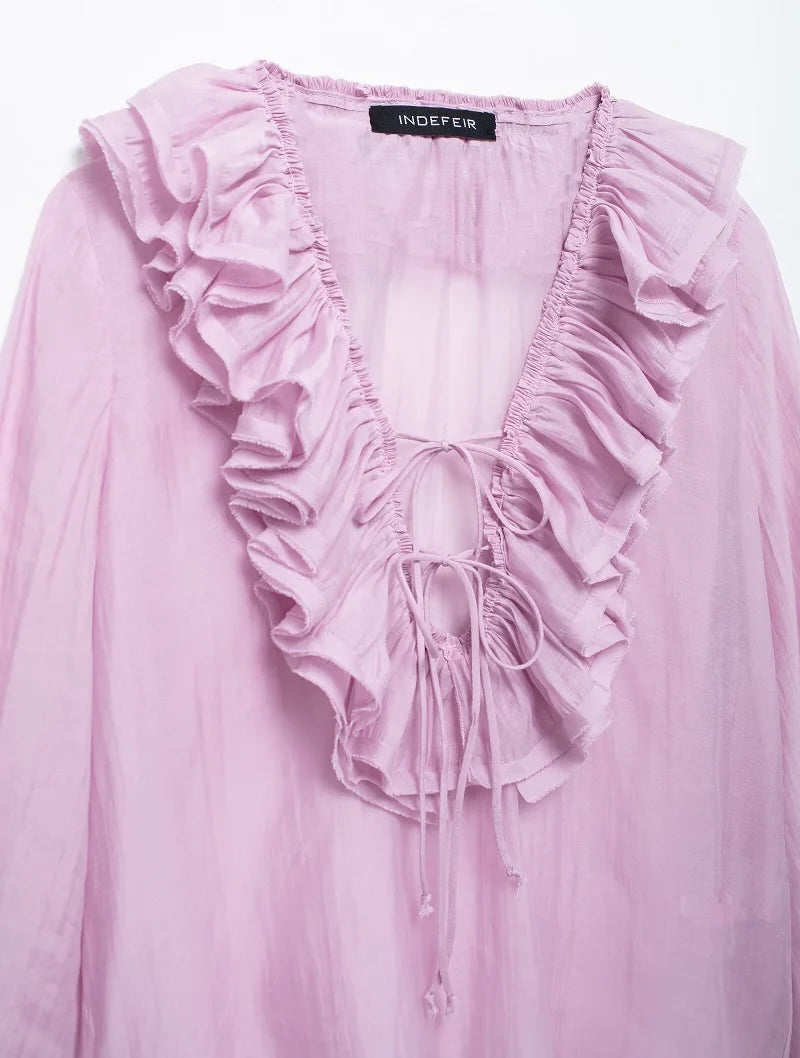 MUJER 2025 Ruffle Blouses for Women Semi Sheer Casual Blouse Woman Pleated Summer Shirts and Blouses Women Long Sleeve Women Top