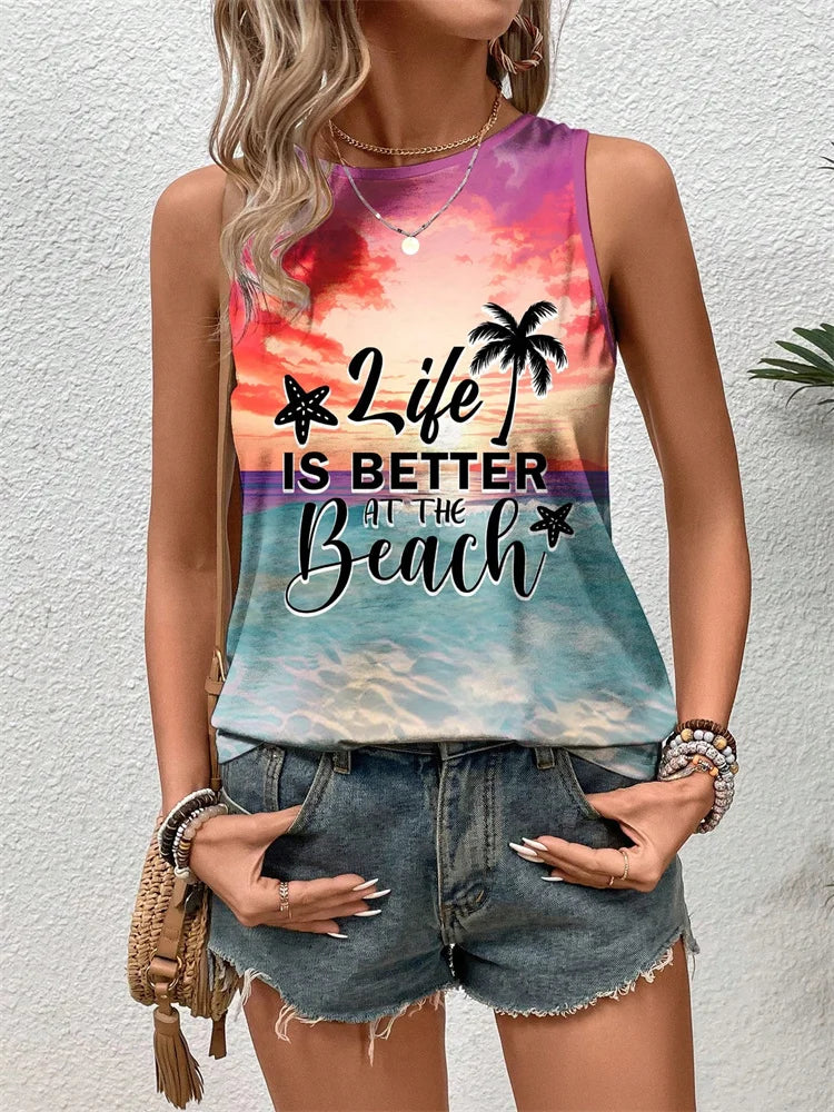 Gradual Color Print Women's Casual Tank Top Street Fashion Women's Crew Neck Tank Top Summer Outdoor Beach Sleeveless T-shirt