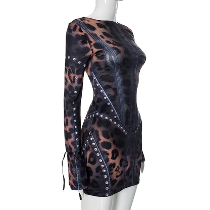 CUTENOVA 2024 Autumn And Winter New Women'S Fashion Leopard Print Slim Flared Long-Sleeved Package Hip Short Skirt Dresses Y2K