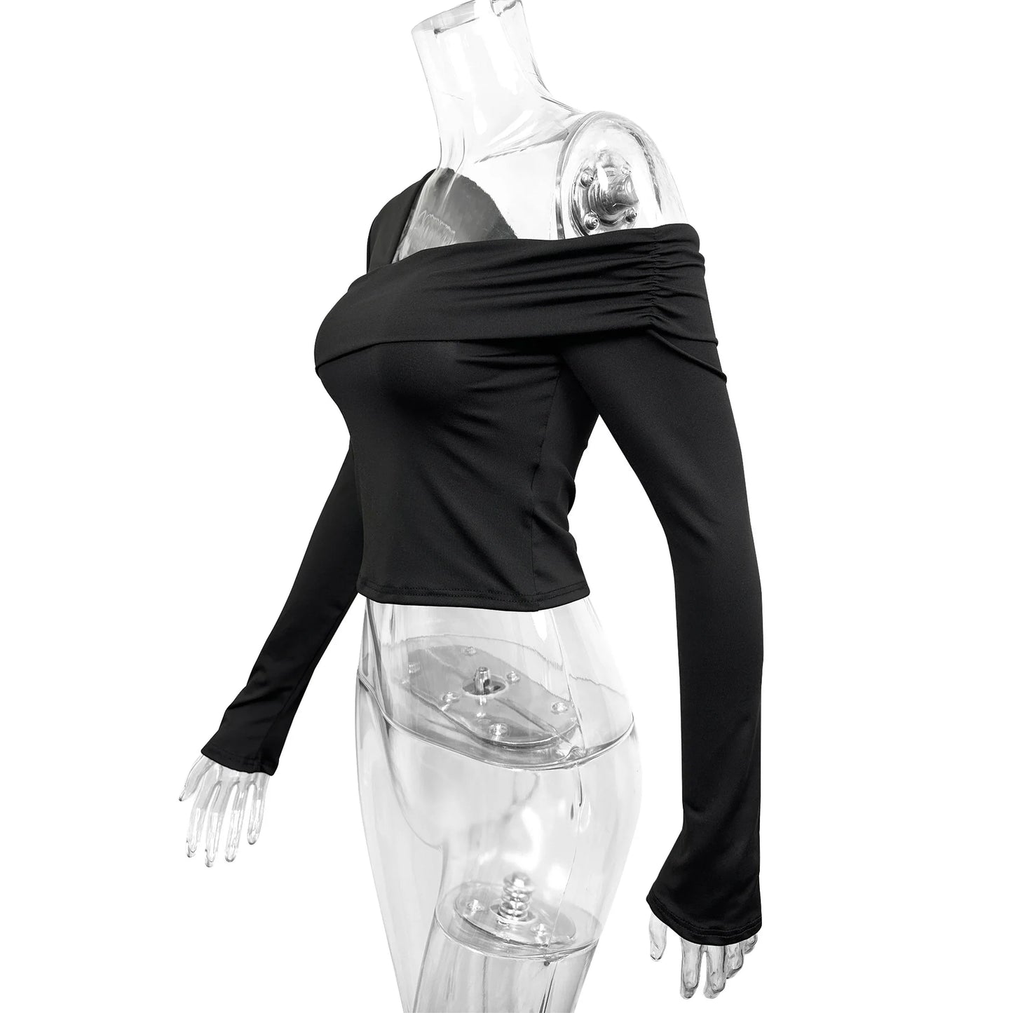 Fairyshely 2025 Spring Casual Black T-shirt Women Off Shoulder Long Sleeve Bodycon Crop Top Autumn Lady Clud Party Short Tops