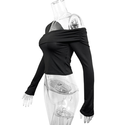 Fairyshely 2025 Spring Casual Black T-shirt Women Off Shoulder Long Sleeve Bodycon Crop Top Autumn Lady Clud Party Short Tops