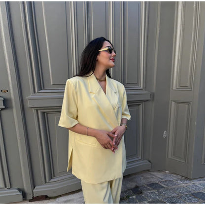 Women's Suit Jackets Loose Lapel One Button Short Sleeve Blazers 2025 Summer Elegant Lady Office Outwear Street