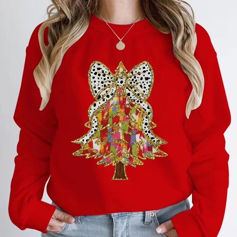 Casual Vintage Christmas Tree Graphic Women Sweatshirts Long Sleeve Crew Neck Y2K Sudaderas Funny Holiday Xmas Hoodless Pullover