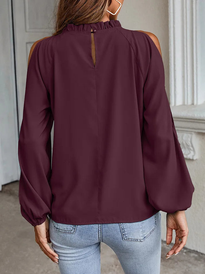 Fashion lotus leaf pleat semi high neck off shoulder hollowed out long sleeved top spring autumn women's elegant temperament top