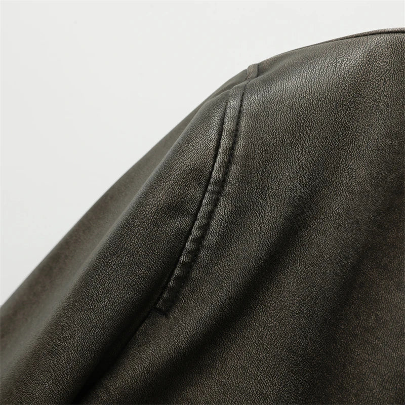 RARF Women Washed Leather Loose Jacket Vintage Stand Collar Gradient Zipper Short Coat Spring Lady Locomotive Style Chic Coat