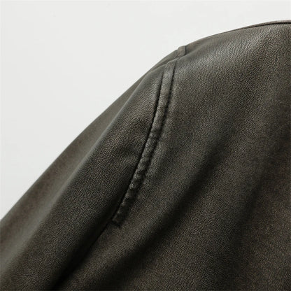 RARF Women Washed Leather Loose Jacket Vintage Stand Collar Gradient Zipper Short Coat Spring Lady Locomotive Style Chic Coat