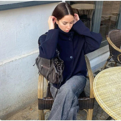 Stand Collar Women Winter Woolen Coats Single Breasted Loose Female Long Sleeve Jacket  Autumn Office Lady Street Short Coat