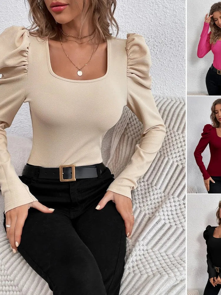 2025 Autumn Winter New Women's Fashion Square Neck Slimming Sheep Leg Sleeve Knitted Long Sleeve T-shirt Commuter Top