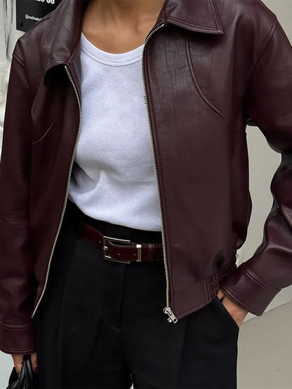Retro Wine Red Pu Leather Short Jacket Women Chic Lapel Collar Zipper Button Loose Overcoats Autumn Ladies High Street Outerwear