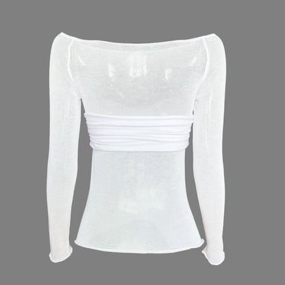 Tossy Mesh Sheer Off-Shoulder Top Shirt For Women New Long Sleeve See-Through Lace Knit Pullover Tops Summer Mesh Top Tee Shirt