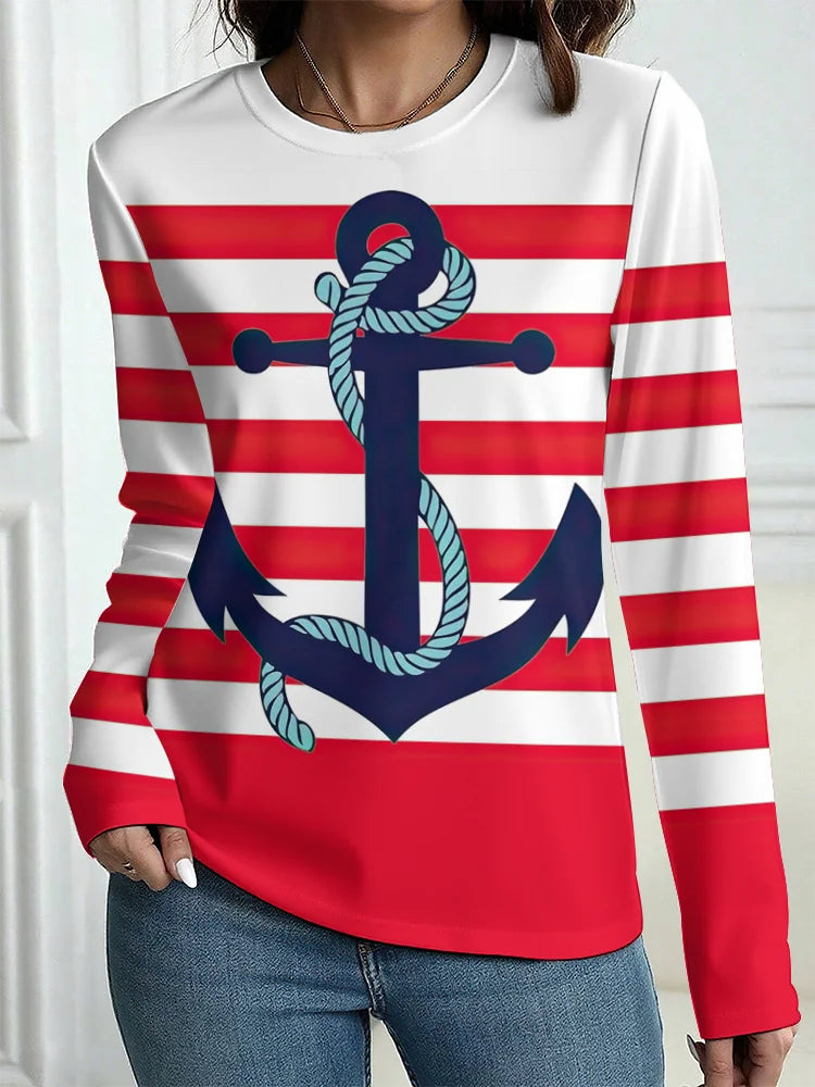 Women's T-Shirt Outdoor Casual Long Sleeve Pattern Print Street Crew Neck Fall Female Oversized Clothing Fashion T Shirts