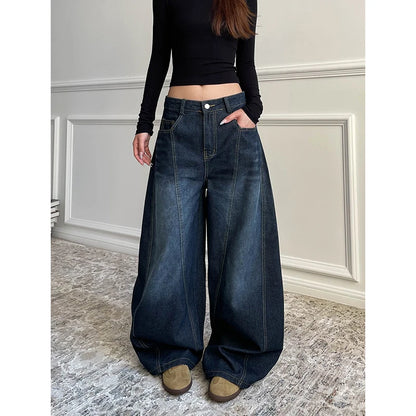 Blue Women's Retro Y2K 2000s Wide Leg Baggy Casual Denim Trouser High Waist Loose Jeans 2024 Autumn Harajuku Full Length Pants