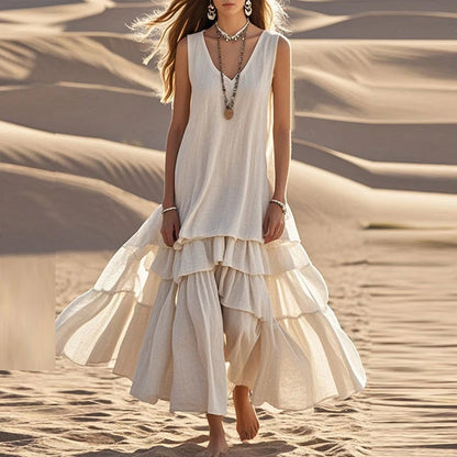 Retro Solid Cotton Linen Pleated Long Dress Woman Spring Fashion V Neck Loose Maxi Dress Summer Sleeveless Tank Boho Beach Dress