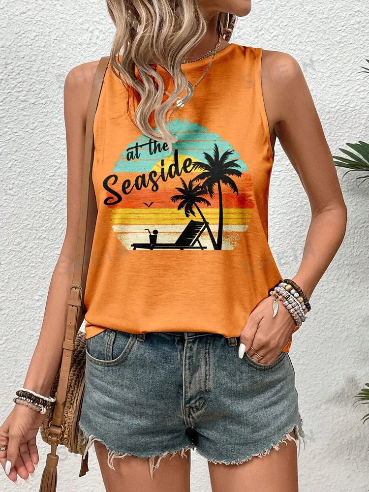 Gradual Color Print Women's Casual Tank Top Street Fashion Women's Crew Neck Tank Top Summer Outdoor Beach Sleeveless T-shirt