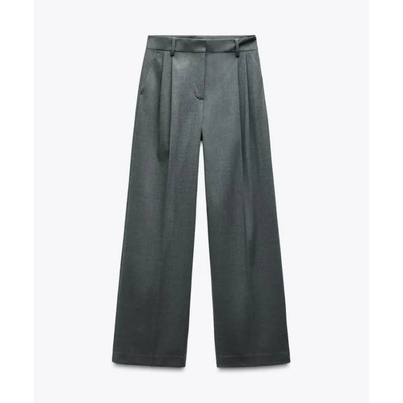 ETJ 2025 TRAF Women's Spring New suit Set with shoulder padded double-breasted blazer & high-waisted pleated wide-legged pants