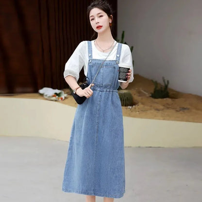 2025 Fashion Women Denim Suspender Skirt Spring Summer Causal Strap Female High Waist A-line Solid Lace-up Woman Skirt
