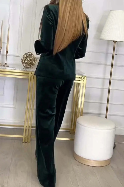 2025 Autumn Velvet Two Piece Sets Women Pant Set Suits Blazer Notched Collar Full Sleeve Double Breasted Coats+Long Pants