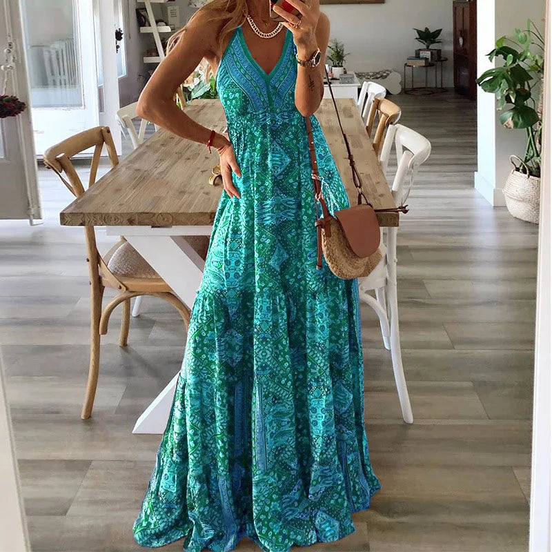 Plus-size Europe and the United States cross-border  new slip long skirt high-waisted V-neck printed floral dress