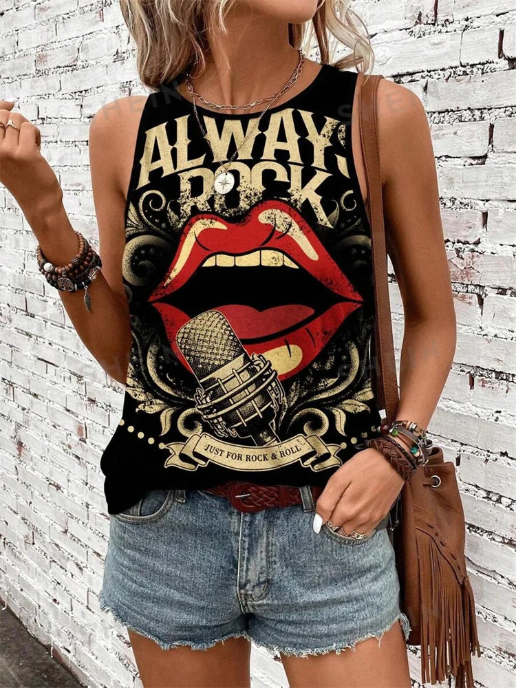 Skull Print Women's Tank Top Summer Street Fashion Women's Crew Neck Tank Top Outdoor Everyday Casual Women's Sleeveless T-shirt