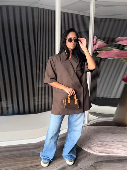 Women's Suit Jackets Loose Lapel One Button Short Sleeve Blazers 2025 Summer Elegant Lady Office Outwear Street