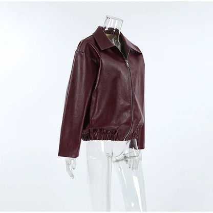 Zekye Spring Summer Women Jackets Fashion Lapel Zipper Long Sleeve Female Coats Lady Street Outwear Burgundy Leather Jacket