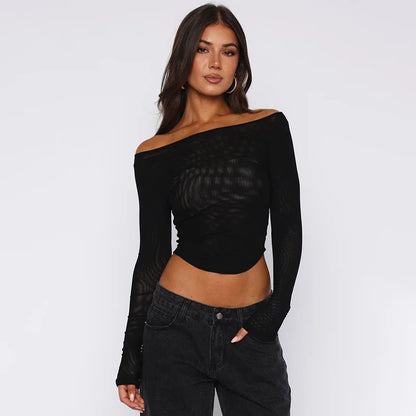 Female's Autumn T-Shirt Sheer Mesh Off-Shoulder Curved Hem Pullover Long Sleeve Women's Top Comfortable Clothing For Lady