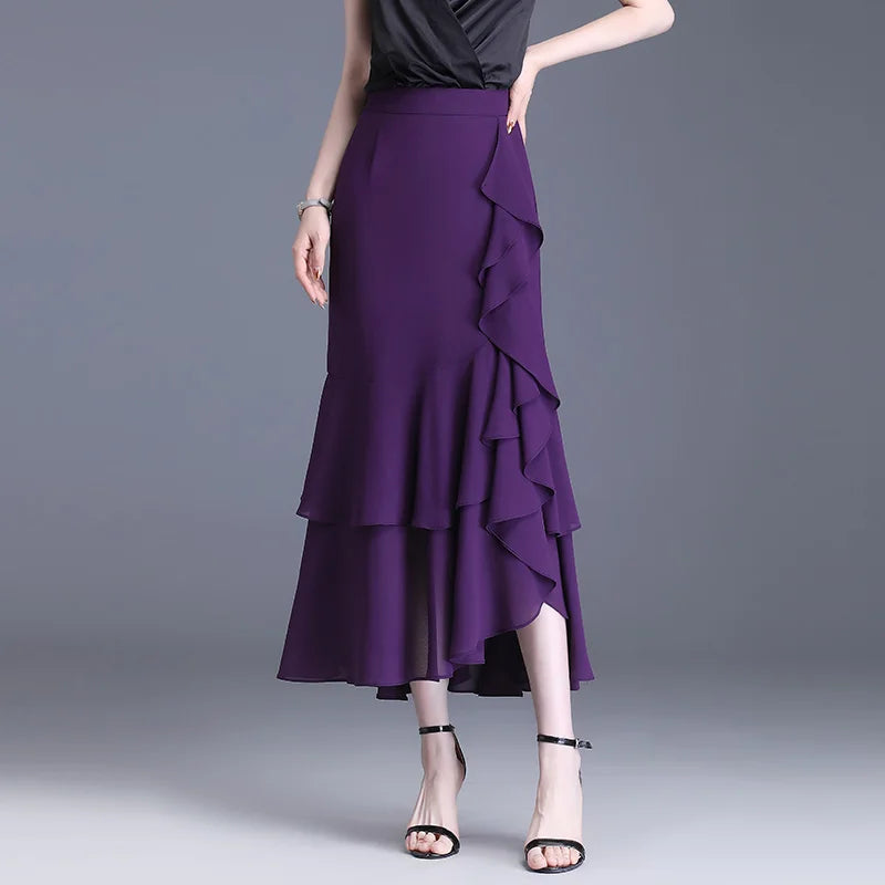 ZUZK Fashion Irregular Fishtail Chiffon Skirts Elegant High Waist Summer Luxury Party Skirt Female Ruffles Long Skirts