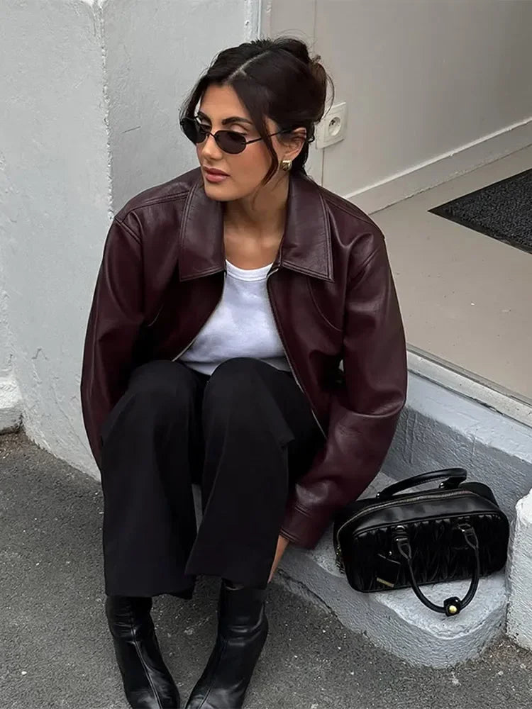 Retro Wine Red Pu Leather Short Jacket Women Chic Lapel Collar Zipper Button Loose Overcoats Autumn Ladies High Street Outerwear
