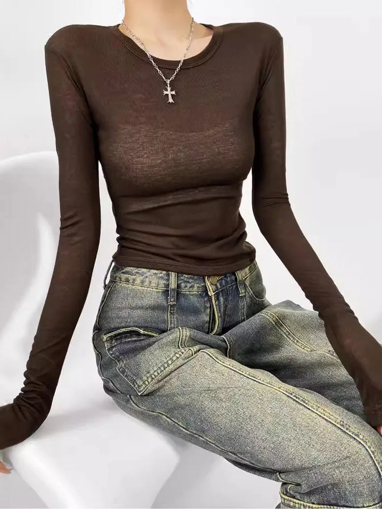 Women Crew Neck Fitted Long Sleeve Semi Sheer T-shirt