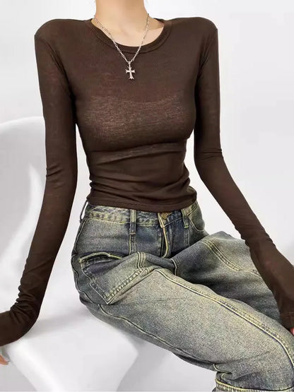 Women Crew Neck Fitted Long Sleeve Semi Sheer T-shirt