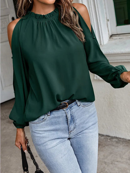 Fashion lotus leaf pleat semi high neck off shoulder hollowed out long sleeved top spring autumn women's elegant temperament top