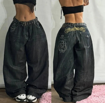 Harajuku Vintage Hip-hop Pop Letters Embroidered Washed Baggy Jeans Ladies Y2K Gothic Fashion Casual High Waist Wide Leg Pants