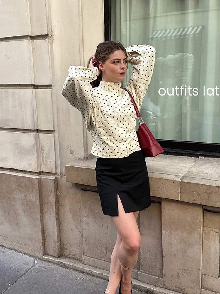 Polka Dot Print Round Neck Short Coats Women's High Street Blazer Long Sleeve Jackets 2025 Elegant Office Ladies Suit Outerwear