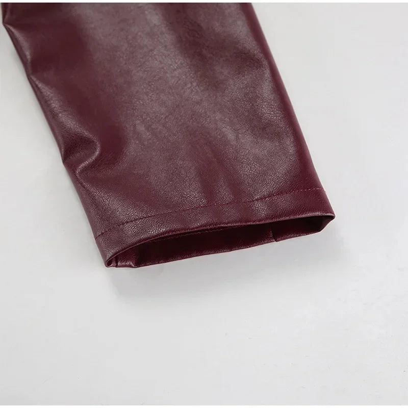 Zekye Spring Summer Women Jackets Fashion Lapel Zipper Long Sleeve Female Coats Lady Street Outwear Burgundy Leather Jacket