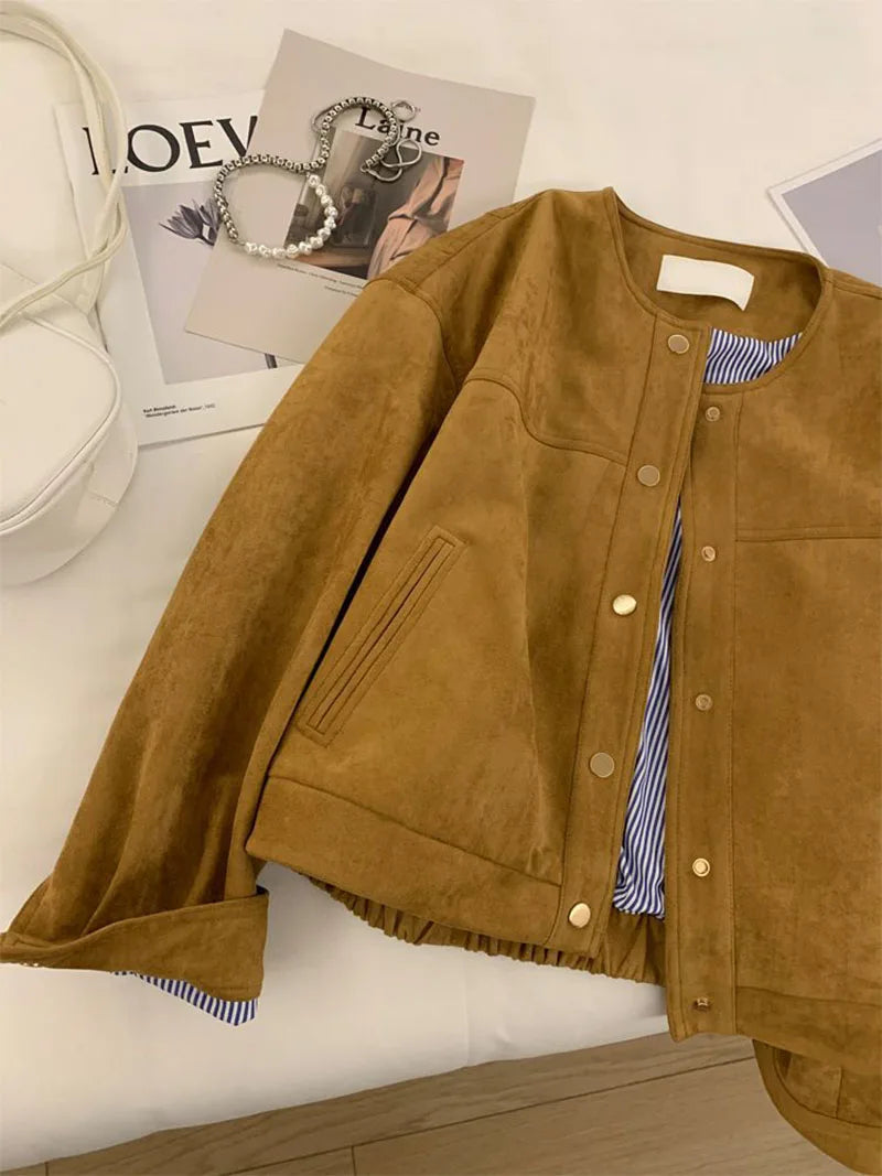 Suede Short Jacket Women Korean Camel Fashion Long Sleeve Flight Suit Harajuku Single Breasted Loose Tops Female Vintage Coats