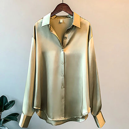 Elegant Black White Shirt Women Spring Autumn Long Sleeve Silk Satin Blouses For Women Fashion Turn Down Collar Button Shirt