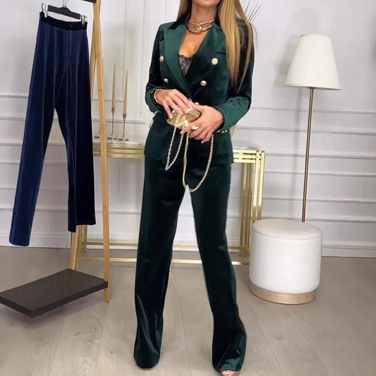 2025 Autumn Velvet Two Piece Sets Women Pant Set Suits Blazer Notched Collar Full Sleeve Double Breasted Coats+Long Pants