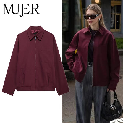 MUJER Zipper Bomber Jackets for Women Fall Outerwears Overcoat Female Long Sleeve Loose Jacket Women Coats Retro Women's Jacket