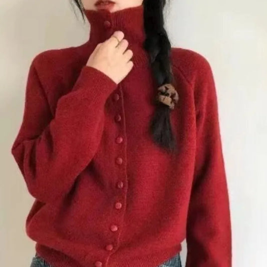 2025 New Soft High Neck Button Down Womens Cardigan Sweater Korean Style Ins Fashion Winter Fall Cozy Knit