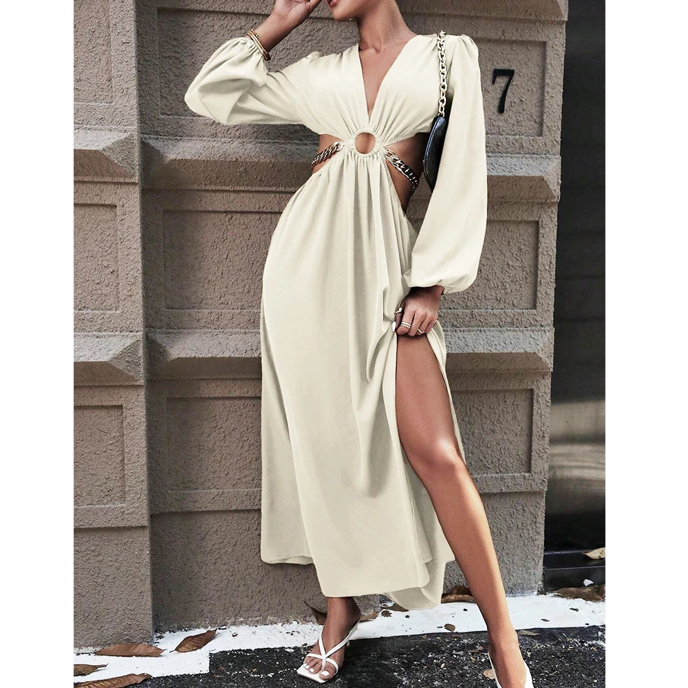 Mia Muse Women's  Dresses Autumn Sexy Loin Hollowing Long Sleeve V-Neck A-Line Maxi Party Dresses