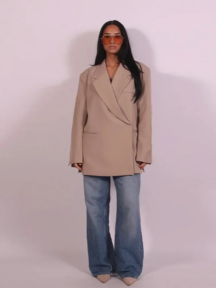 Fashion Lapel Suit Jacket Women Casual Loose Short Sleeve Office Lady Coat 2025 New Chic Autumn Single Button Oversize Jacket