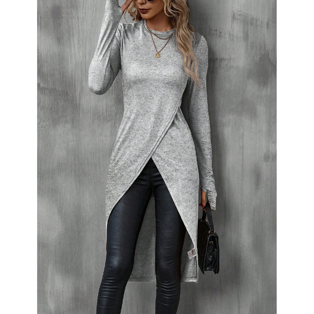 Mia Muse Women's T-Shirts Autumn French Decent Plain Long Sleeve Crew Neck Wrap Long High Street T-Shirts