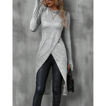 Mia Muse Women's T-Shirts Autumn French Decent Plain Long Sleeve Crew Neck Wrap Long High Street T-Shirts