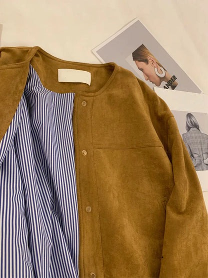 Suede Short Jacket Women Korean Camel Fashion Long Sleeve Flight Suit Harajuku Single Breasted Loose Tops Female Vintage Coats